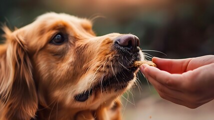 Close-up of a dog receiving a treat during training, focusing on positive reinforcement.