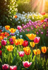vibrant morning blooms illuminated soft sunlight lush garden setting, flowers, petals, plants, leaves, nature, botanical, flora, blossoms, landscape, beauty