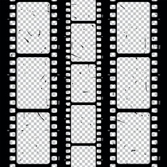 Old retro movie film strip set with grunge texture on transparent background. Film strip frame. Cinema and filmmaking concept. Vector illustration