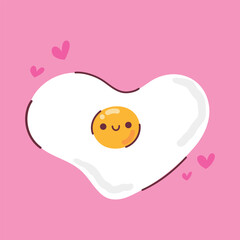 Love card template with a cute fried egg. Smiling yolk in heart shaped fried egg. Happy kawaii cartoon egg in childish style. Vector illustration