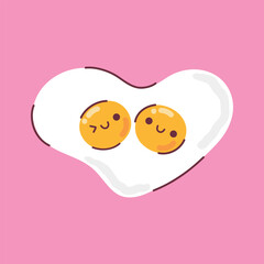 Couple of cute yolks in heart shaped fried egg. Happy kawaii cartoon eggs in childish style. Vector illustration