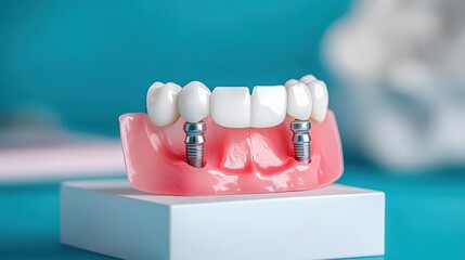 Dental model with two implants and a bridge, showcasing a dental restoration procedure.
