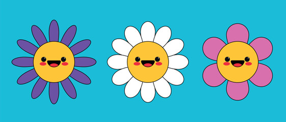 Cute cartoon smiling flower characters in childish style. Happy daisy and chamomile. Vector illustration
