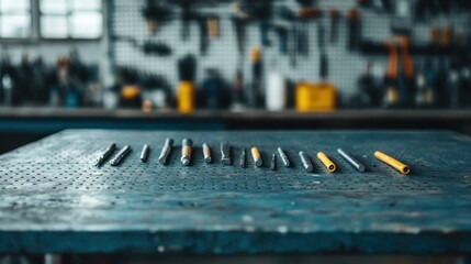 A meticulous arrangement of various tools spread out on a workshop table, exemplifying precision and organization in a workspace, key to efficient craftsmanship and creativity.