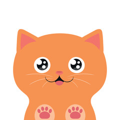 Happy ginger cat with paw prints. Cute cartoon character. Vector illustration