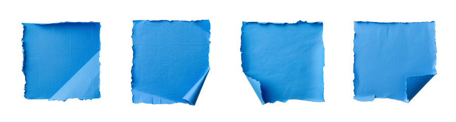 Obraz premium Collection of four torn and curled blue paper pieces isolated on a transparent background, commonly used for design concepts or scrapbooking