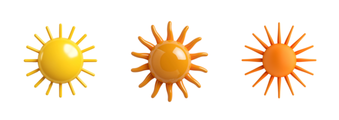A collection of three stylized sun icons isolated on a transparent background, ideal for summer or vacation themes