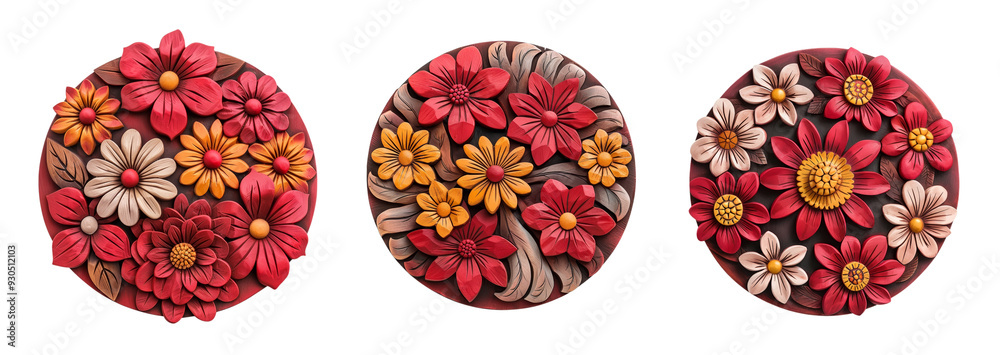 Wall mural A set of three intricately designed circular floral patterns with autumn hues, isolated on a transparent background, ideal for Thanksgiving decor