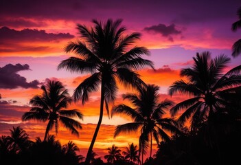 Obraz premium silhouetted tropical palms vibrant sunset sky featuring rich hues purple creating stunning visual contrast, orange, pink, clouds, nature, landscape, evening