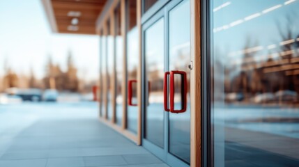 A close-up shot of a contemporary building entrance focusing on the bright red door handles, against a backdrop of glass and wooden architectural elements creating a warm modern look.