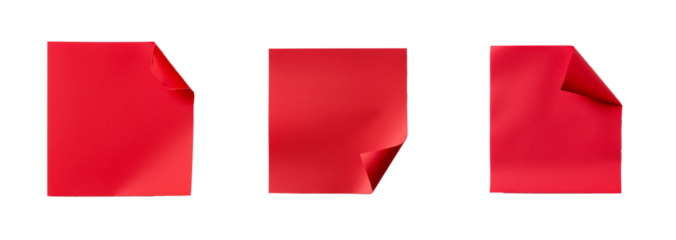 A set of three red sticky notes with curled corners, isolated on a transparent background, perfect for office reminders or Valentines Day themes