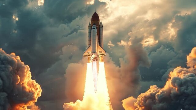 A space shuttle lifts off, surrounded by fiery exhaust and swirling clouds, marking the beginning of its journey into space