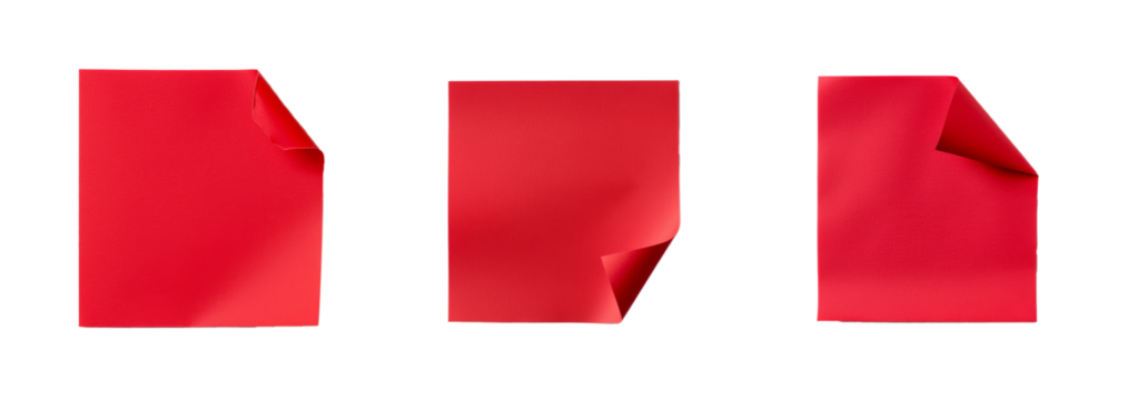 A set of three red sticky notes with curled corners, isolated on a transparent background, perfect for office reminders or Valentines Day themes