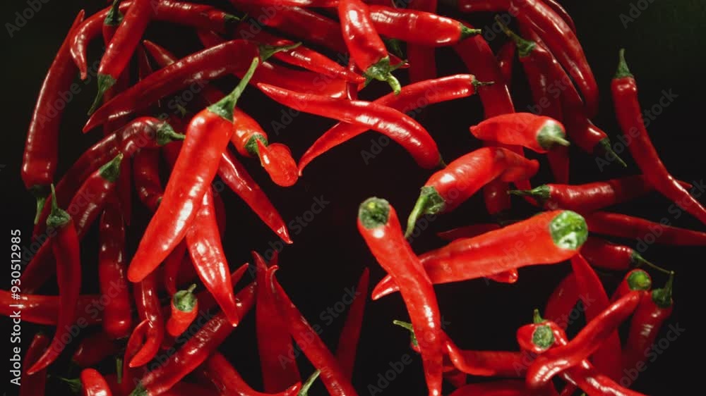 Poster super slow motion of flying and rotating red chilli peppers on black background. filmed on high spee