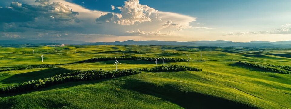 windmills in a green field, aerial view. copy space. green ecology landscape background