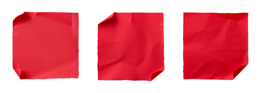 A collection of crumpled red sticky notes isolated on a transparent background, perfect for Christmas planning or reminders