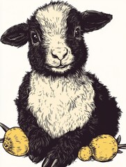 Cute Black and White Lamb with Yellow Fruit