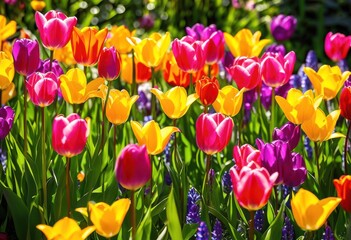 vibrant spring blooms lively garden setting colorful flowers lush greenery, plants, blossoms, petals, landscape, floral, nature, beauty, vibrancy, growth