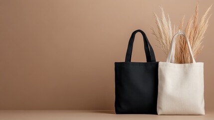 This image features a black and a white tote bag placed side by side in front of a beige background adorned with tall dried plants, evoking a sense of simplicity and natural beauty.
