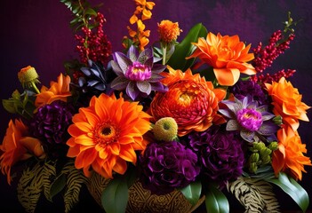 Obraz premium vibrant floral arrangement adorned intricate border patterns rich colors lush textures, flowers, petals, decorative, design, bouquet, foliage, art, beauty