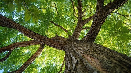 Fototapeta premium Looking up at a thick tree trunk with a lush canopy of leaves.