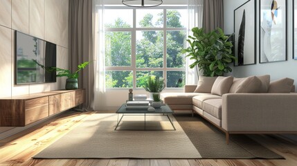 Fototapeta premium modern living room 3D rendering , 3D living room interior , living room 3D visualization , 3D modern living room design