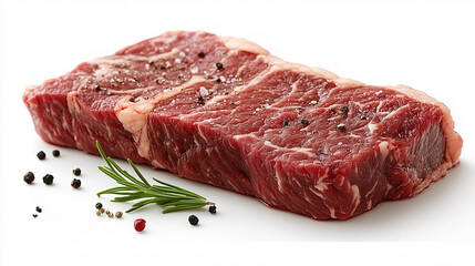 Obraz premium piece of raw beef steak, seasoned with salt peppercorns and sprig of rosemary isolated on a white background