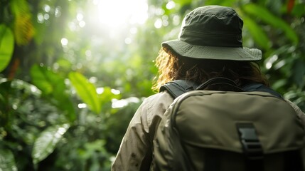 A backpacker wearing a green hat navigates through a rich, green jungle. The scene captures the spirit of adventure and connection to nature amidst dense foliage.