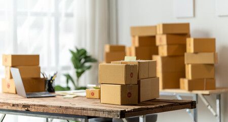 Home Business Boom:  A rustic workspace overflows with stacked shipping boxes, hinting at the success of an online retail startup.