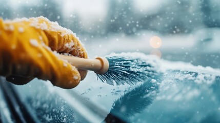 This image captures a gloved hand using a brush to remove ice from a car windshield during a snowfall, emphasizing the necessity of maintaining car visibility in winter.