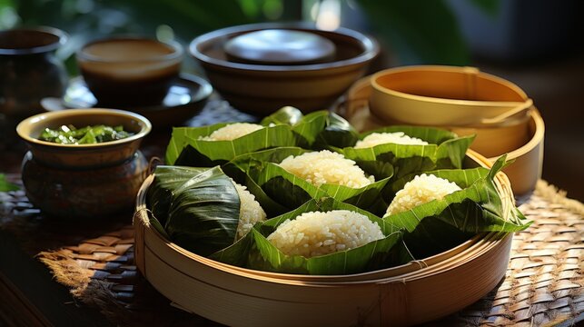 Lotus Leaf Wrapped Sticky Rice Zongzi. Best For Banner, Flyer, and Poster