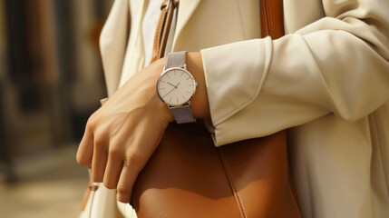 A woman’s hand gracefully showcases a stylish watch while she holds a leather purse, highlighting elegance and sophistication in a casual setting