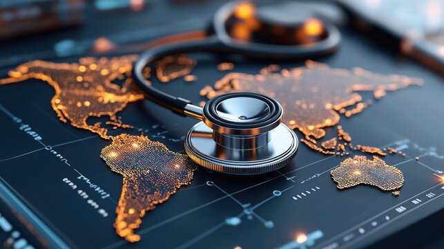 Stethoscope on illuminated digital world map highlighting global healthcare and connectivity.