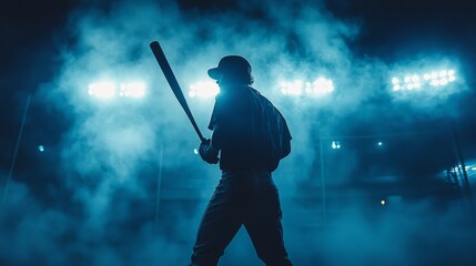 Baseball player silhouette holding bat in smoky stadium at night