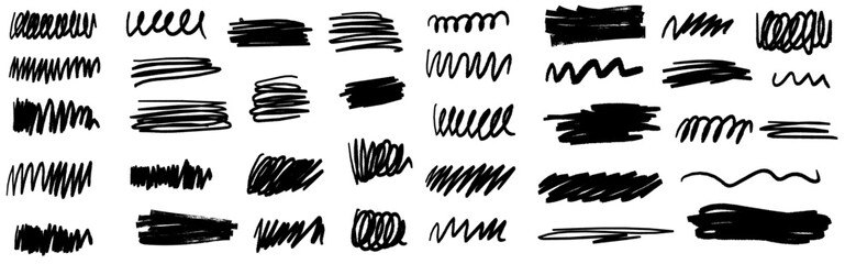 Set of charcoal pencil curly lines, squiggles and shapes. Grunge pen scribbles collection. Bright color charcoal or chalk drawing