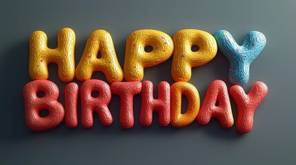 Playful 3D "HAPPY BIRTHDAY" text created from bouncy rubber letters with soft squishy textures and bright vibrant colors adding a fun and energetic vibe.