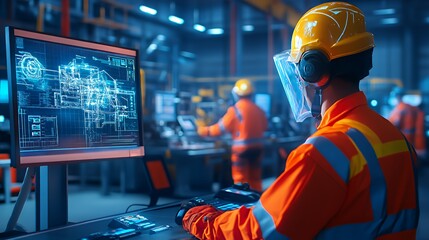 A worker in safety gear monitors machinery data on a computer in an industrial setting.