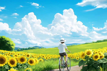 Fototapeta premium A person riding a bicycle through a field of sunflowers, with a carefree and joyful spirit 
