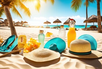 Obraz premium vibrant tropical beach essentials displayed colorful arrangement highlighting essential items perfect beach day, colors, towel, sunscreen, sunglasses, hat