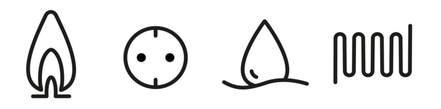 vier  Energie icons gas strom wasser w&auml;rme. editierbare linienzeichnung f&uuml;r web und print