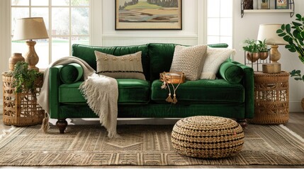 A living room with a green sofa,