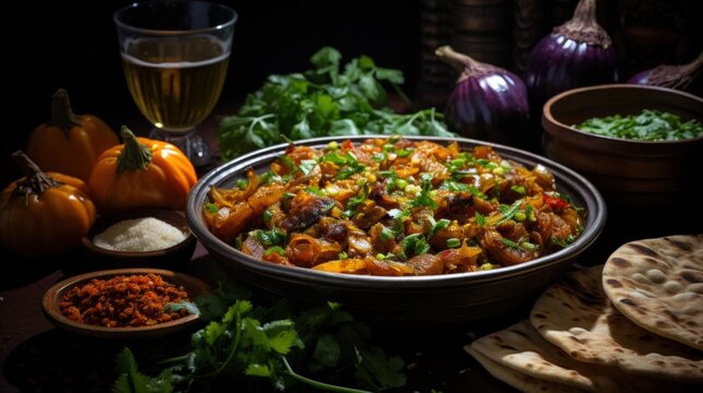 Baingan Bharta Smoked Eggplant Curry with Roti. Best For Banner, Flyer, and Poster