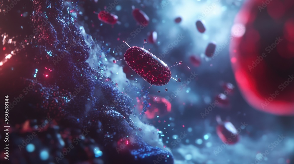 Poster nanobots move through a colorful, dynamic microscopic world filled with glowing particles and shapes