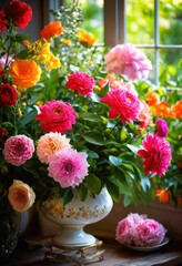 Obraz premium vibrant floral arrangements illuminated sunlight showcasing colorful blooms lush greenery fresh bright atmosphere, flowers, petals, nature, garden, beauty