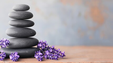 Balanced stack of smooth zen stones surrounded by purple lavender flowers, evoking tranquility and relaxation in a serene setting.
