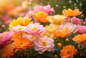 vibrant floral arrangements illuminated soft dawn light creating beautiful morning scene, flower, bloom, color, bright, nature, garden, petal, fresh
