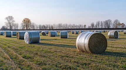 Obraz premium a field of hay bales wrapped in plastic, each covered to protect from rain