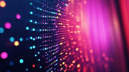 A colorful close up reveals a textured wall adorned with embedded lights glowing in vibrant hues