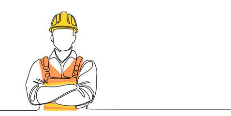 Single continuous line drawing of young construction worker. Building architecture business concept. One line draw design vector	
