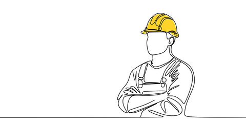 Single continuous line drawing of young construction worker. Building architecture business concept. One line draw design transparent background	